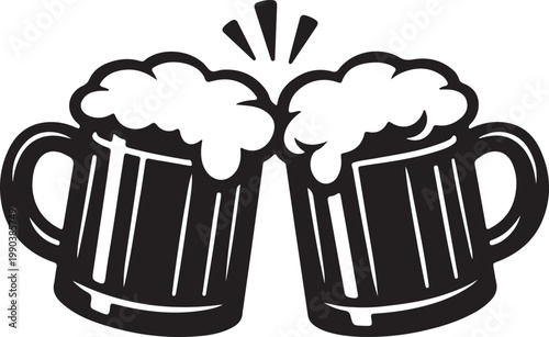 Two black and white beer mugs clinking together in a toast, symbolizing celebration and friendship drink
