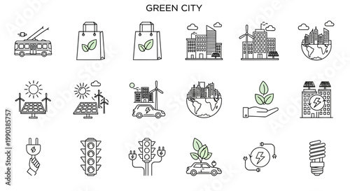 Set of green city and sustainable environment line art icons.