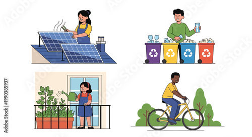 People Engaging in Sustainable Lifestyle Activities Set.