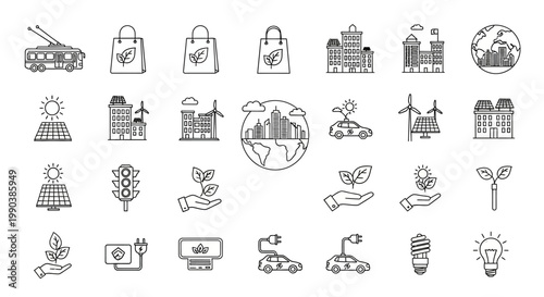 Collection of hand drawn eco friendly sustainable living icons.