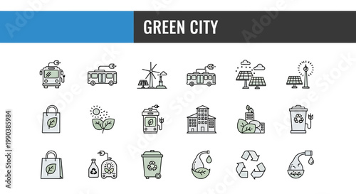 Set of hand drawn green city eco friendly doodles and icons.
