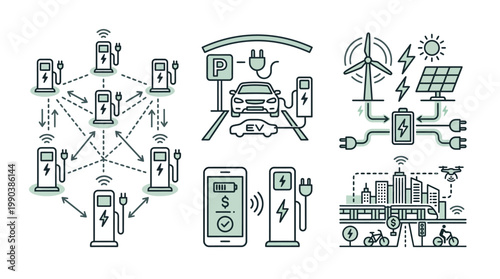 Electric Vehicle Charging Network and Renewable Energy Integration Infographic on Isolated White Background
