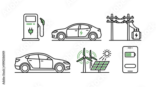 Electric Vehicle Charging and Green Energy Icon Set with Car Models on Isolated White Background