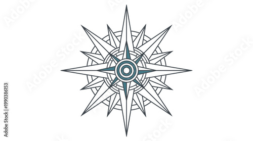 Intricate Compass Rose Starburst Design with Blue Accents on Isolated White Background