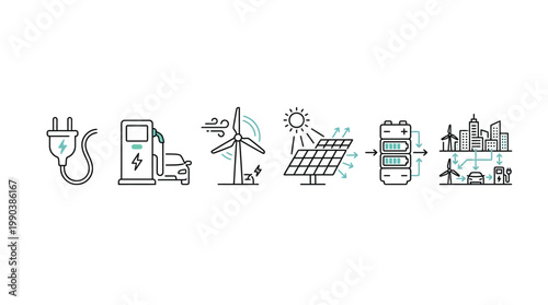 Set of Renewable Energy Cycle and Smart City Outline Icons on isolated white background