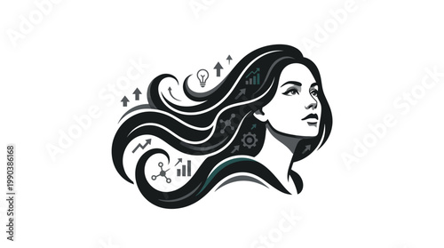 Intelligent Woman Profile with Flowing Hair, Integrated Business and Technology Elements on isolated white background