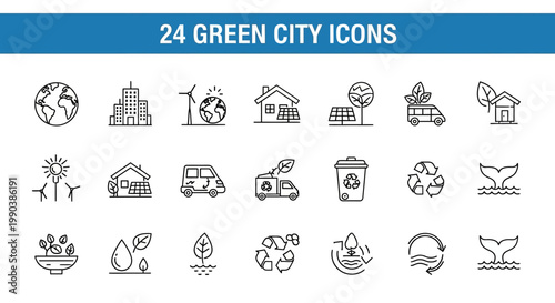 Collection of hand drawn eco friendly and sustainable green city icons.