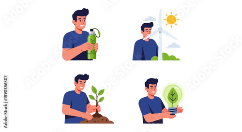 Set of flat illustrations featuring a man promoting environmental sustainability and green energy practices.