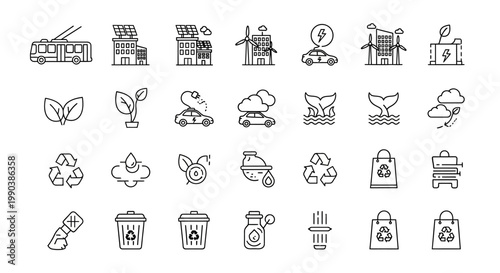 Set of hand drawn ecology and environmental protection doodle icons.