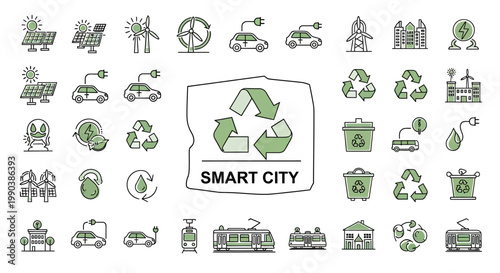 Set of hand drawn sketch smart city eco friendly icons.