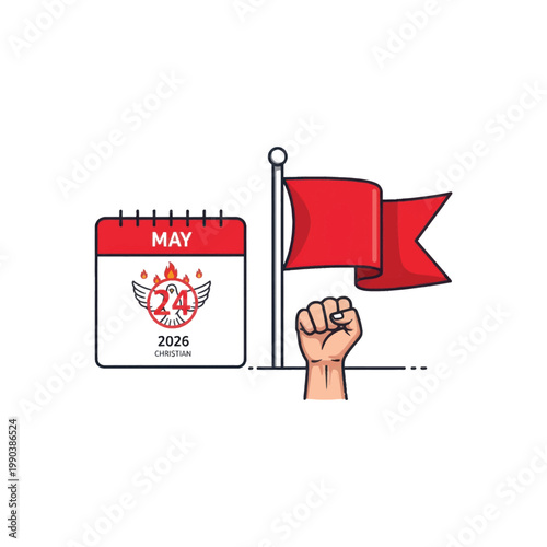 A cartoon illustration of a clenched fist holding a red flag next to a calendar marking May 24 2026