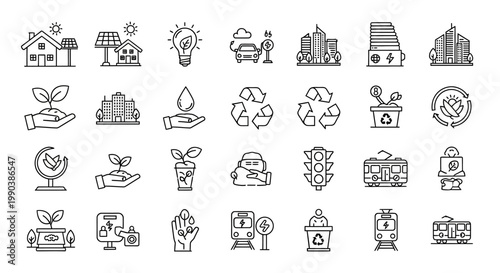 Set of hand drawn eco friendly sustainable energy and environment icons.
