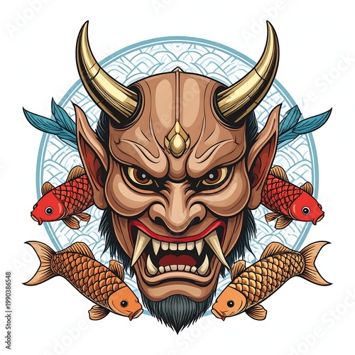 An illustration depicts a Japanese Oni mask with golden horns, surrounded by koi fish and a stylized blue background