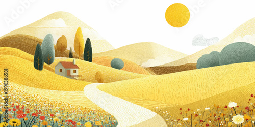 Rolling grass meadow with golden wheat field stretching toward distant hills. Pastoral landscape features autumn colors, soft clouds, and charming village nestled in countryside scenery.