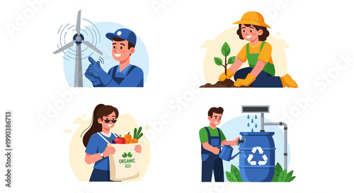 Set of illustrations depicting people engaged in various eco-friendly and sustainable activities.