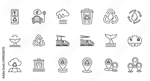 Set of hand drawn environmental and sustainability doodle icons.