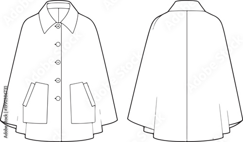 Cape, jacket, coat, fashion illustration, vector, front and back view