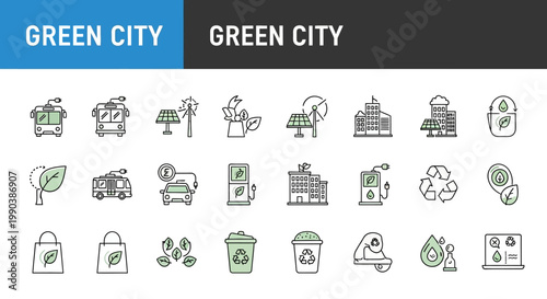 Set of line icons for green city and eco friendly urban development.