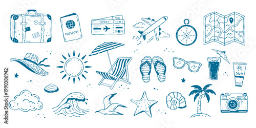 Hand-drawn doodle vector set of travel and beach essentials including suitcase, passport, tickets, map, compass, airplane, sun, sunglasses, hat, camera, palm and cocktail