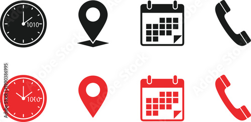 Clock Location Calendar and Phone Icon Set in Black and Red Dual Color Solid Silhouette Style for Business