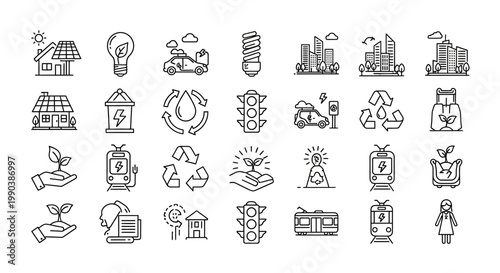 Collection of hand drawn eco friendly sustainable energy and city life icons.