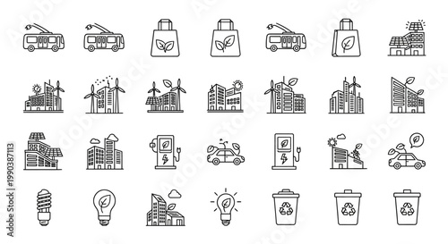 Set of hand drawn eco friendly energy and sustainable living doodle icons.