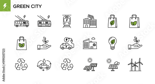 Set of hand drawn green city eco friendly icons.