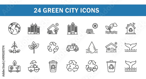 Collection of 24 thin line green city and environmental sustainability icons.