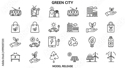 Set of green city and eco friendly environment line icons.