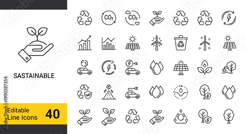 Set of 40 Sustainable Energy and Environment Line Icons.