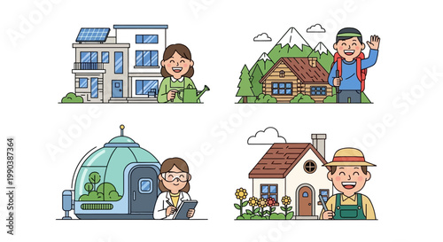 Diverse Professional Characters With Their Respective Buildings And Environments.