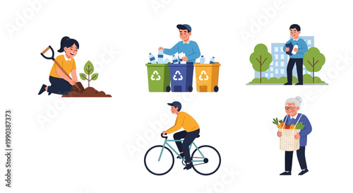 Diverse group of people engaging in various eco-friendly and sustainable lifestyle activities.