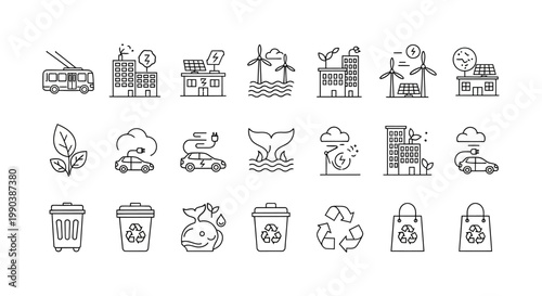 Collection of eco-friendly sustainable living and green energy doodle icons.