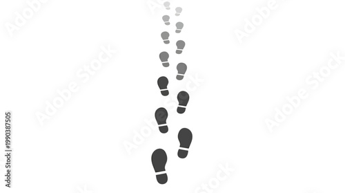 Barefoot footprints path moving in a straight vertical line on an isolated white background