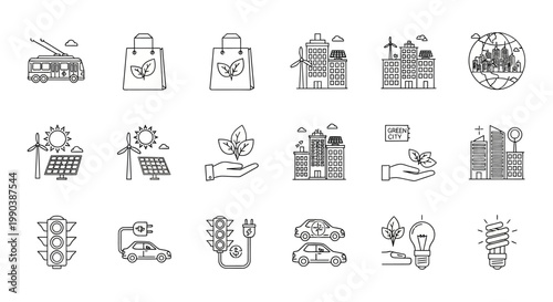 Set of hand drawn eco friendly sustainable living and green energy icons.