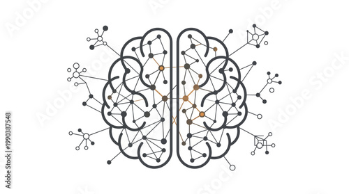Stylized Brain or Neural Network Illustration with Interconnected Data Points, Representing Cognitive Processes and Digital Connectivity on Isolated White Background