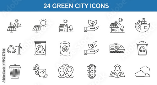 Set of 24 Outline Green City and Sustainable Energy Icons.