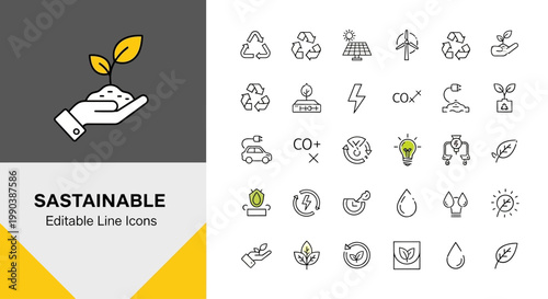 Set of sustainable and eco friendly line icons for environmental projects.