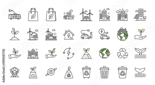 Set of hand drawn ecology and environmental conservation icons.