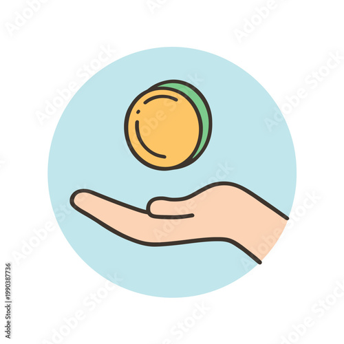 Hand holding coin in flat design graphic illustration