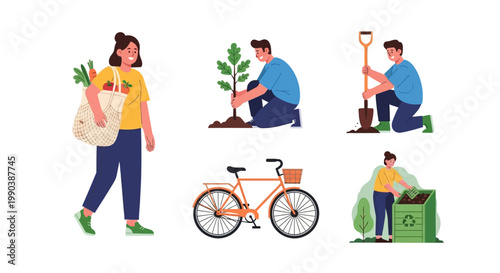 People engaged in eco friendly lifestyle activities and sustainable habits set.