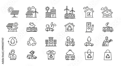 Set of hand drawn eco friendly and renewable energy icons.