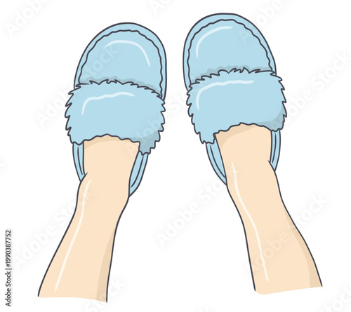 Legs in slippers, kid neat slipper at home hand drawn cartoon doodle Foot in fluffy footwears, women or children pajama party. cozy shoes, feet and legs relaxation comfortable foot wear, sandals
