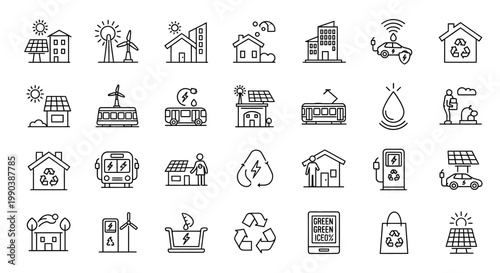 Set of Hand Drawn Eco Friendly and Green Energy Concept Icons.