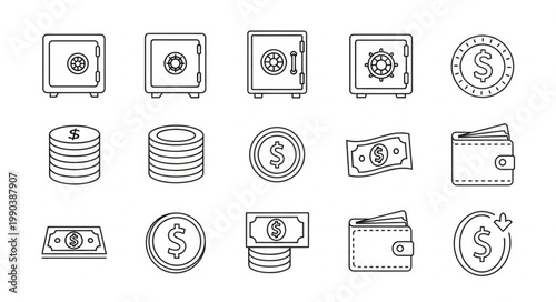 Collection of hand-drawn financial icons representing money and security.