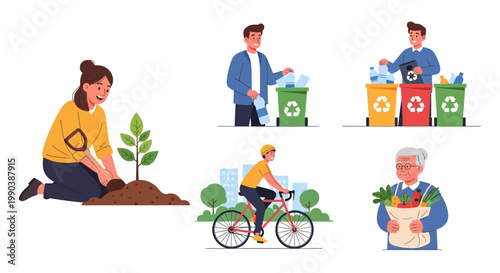 Diverse group of people engaging in eco-friendly and sustainable lifestyle activities.