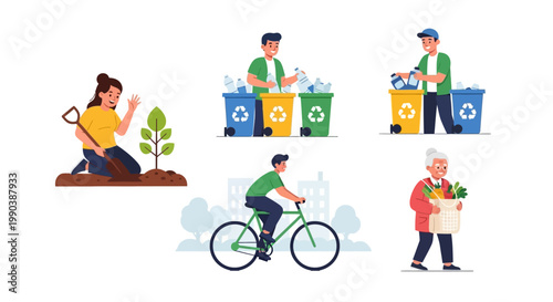 Diverse group of people engaging in eco-friendly and sustainable lifestyle activities.