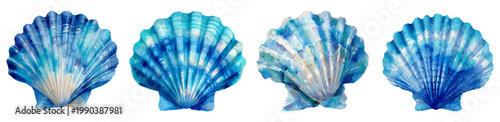 Watercolor blue scallop seashells showing various angles and shades of oceanic color, blending artistic impression with marine life