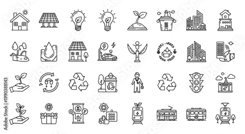 Set of Hand Drawn Sustainable Development and Green Energy Icons.