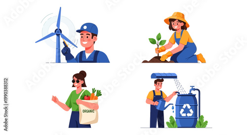 People engaged in eco friendly and sustainable environmental activities illustration set.